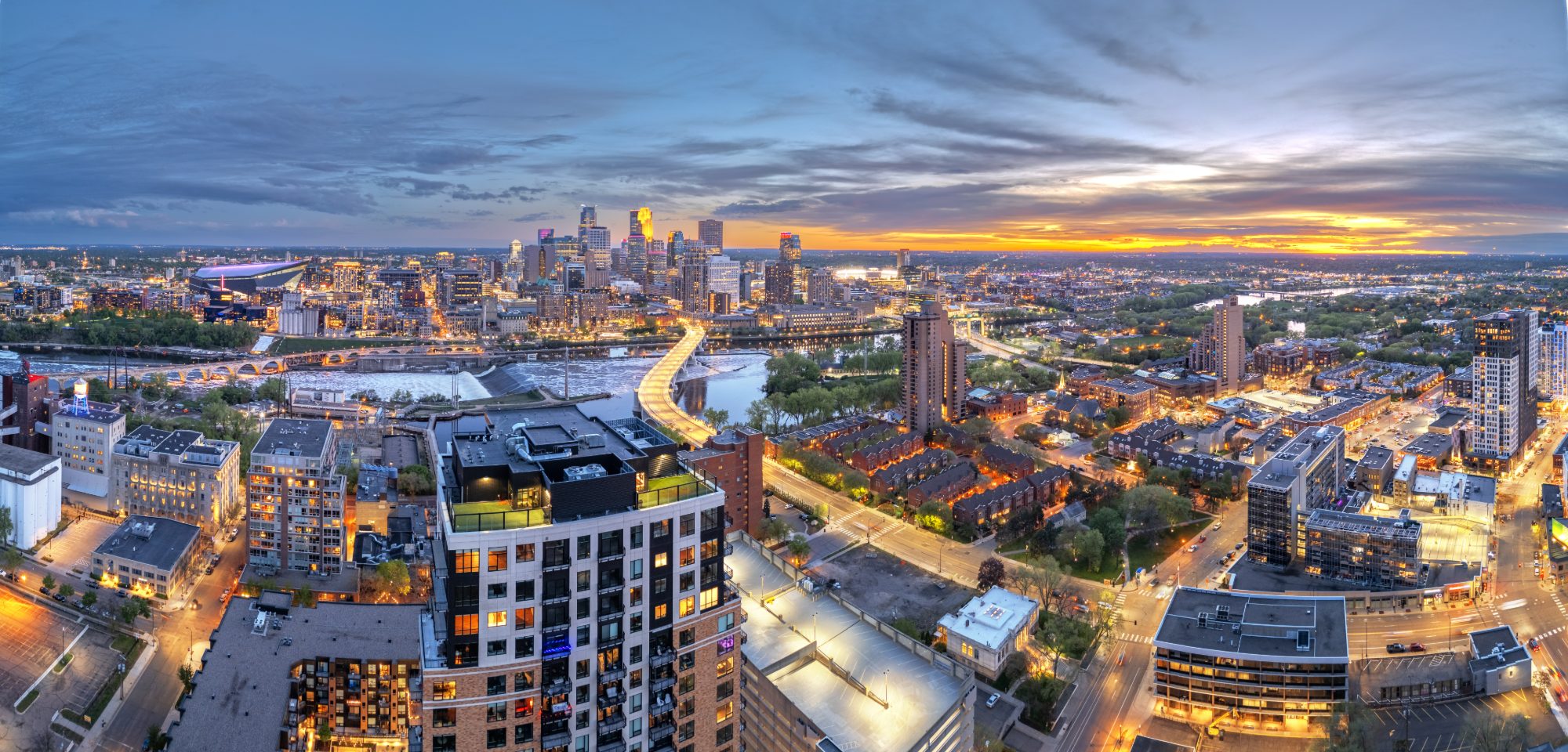Aerial view of downtown Minneapolis at sunset